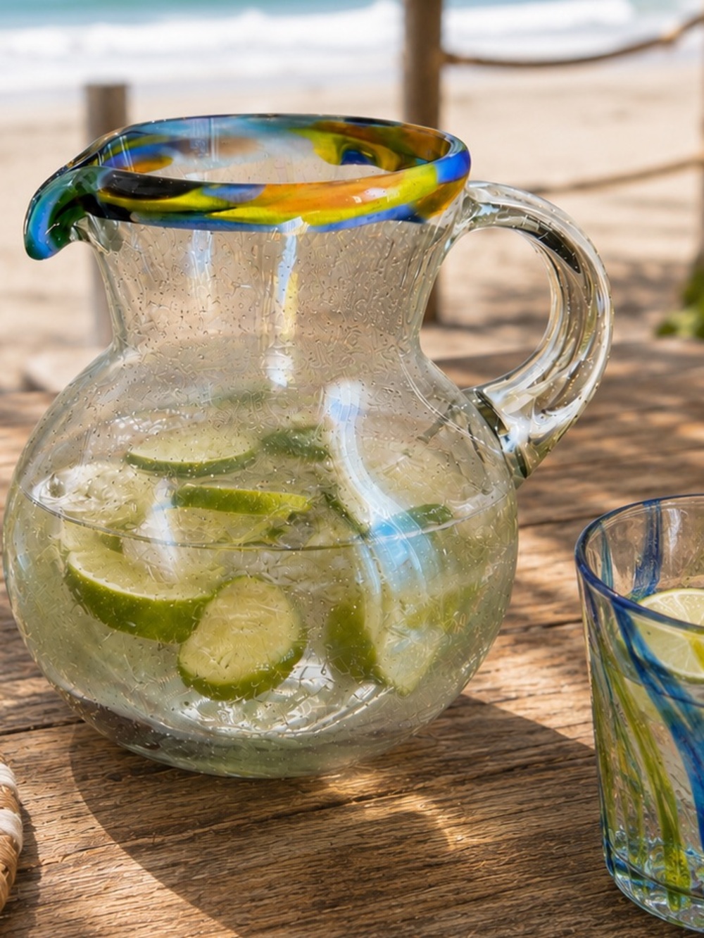 Mexican Recycled Clear Glass Pitcher with Colorful Rim
